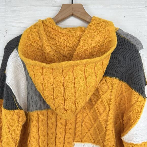 POL Chunky Cable Knit Colorblock Sweater Women S Hooded Yellow White Spring Twee - Picture 7 of 13